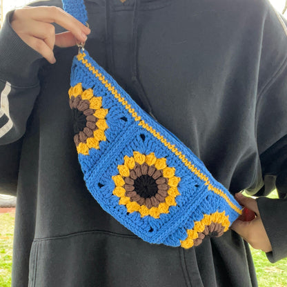 Sunflower Crochet Sling Bag with Zipper and Detachable Strap