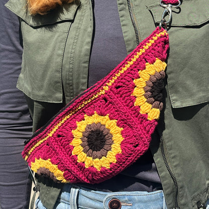 Sunflower Crochet Sling Bag with Zipper and Detachable Strap