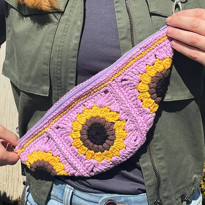 Sunflower Crochet Sling Bag with Zipper and Detachable Strap