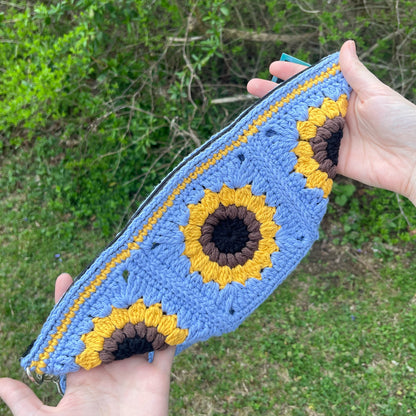 Sunflower Crochet Sling Bag with Zipper and Detachable Strap